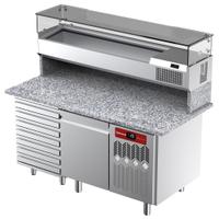 Diamond Geventileerde Koelwerkbank voor Pizza met 1 Deur en 7 Lades en Gekoelde Vitrine 1600x380x410 en Werkblad in Graniet. - TPC-165/PL2
