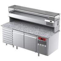 Diamond Geventileerde Koelwerkbank voor Pizza met 2 Deuren en 7 Lades en Gekoelde Vitrine 2000x380x410 en Werkblad in Graniet. - TPC-205/PL4
