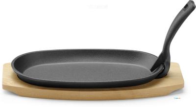 Gietijzeren Schaal met Houten Onderlegger en Greep, HENDI, Zwart, 280x140x(H)30mm - 629383 1