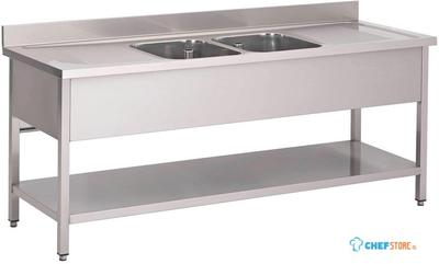 Gastro M RVS spoeltafel met achteropstand en onderblad 200x70x85cm | GN204