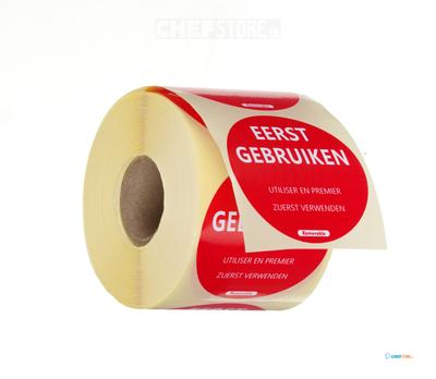 HENDI 850565 Herbruikbare voedselveiligheidssticker, "GEBRUIK EERST", , Rood, 500 st., ⌀50mm