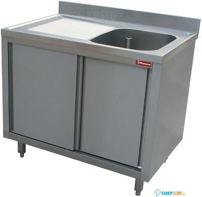 Diamond Spoeltafel 1 Kuip 600x500xh275, Links Druipvlak op Kast met 2 Schuifdeuren - L1411S-AS-D 1