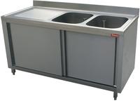 Diamond Spoeltafel 2 Kuipen 500x500xh325, Links Druipvlak op Kast met 2 Schuifdeuren - L1821S-AS-D