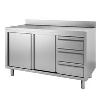 Gastro-Inox RVS Werkbank 1500(l)x600(d)x880(h)mm met Schuifdeuren, 3 Laden en Achteropstand - Gastro-Inox 302.324
