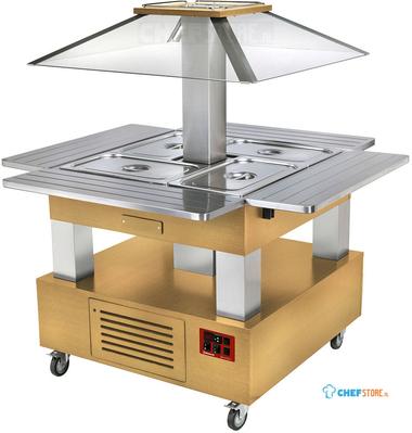 Diamond Eiland Buffet - Salad bar, gekoeld, gemotoriseerd koepel 4x GN 1/1-150 (Licht eiken hout) | CSB/4D-D1-R2+KM 1