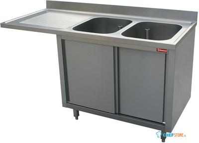 Diamond Spoeltafel met 2 Kuipen 400x500x275 Links Druipvlak op Kast met 2 Schuifdeuren en Nis voor Vaatwasser - L1621VS-AS-D 1