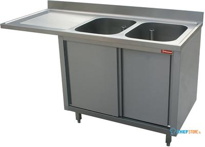 Diamond Spoeltafel met 2 Kuipen 500x500x325 Links Druipvak op Kast met 2 Schuifdeuren en Nis voor Vaatwasser - L1821VS-AS-D 1