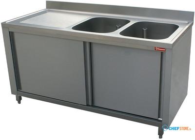 Diamond Spoeltafel 2 Kuipen 600x500xh325, Links Druipvlak op Kast met 2 Schuifdeuren - L2021S-AS-D 1