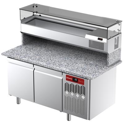 Diamond Geventileerde Koelwerkbank voor Pizza met 2 Deuren en Gekoelde Vitrine 1600x380x410 en Werkblad in Graniet. - TPP-165/PL1 1