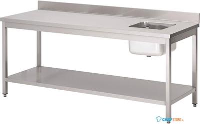 Gastro M RVS cheftafel met spoelbak rechts en achteropstand 85x180x70cm |  DS433