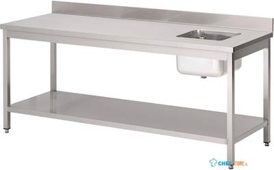 Gastro M RVS cheftafel met spoelbak rechts en achteropstand 85x200x70cm |  DS434