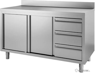 Gastro M RVS werktafel met 3 laden, schuifdeuren en achteropstand 85x140x70cm |  DS442