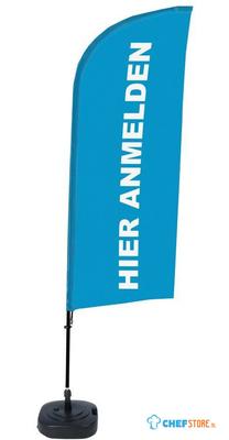 Syna Beach Flag Alu Wind Complete Set hier Melden Blauw Duits ECO Printmateriaal - BFAW310-WT21-I115ECO
