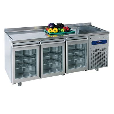 Refrigerated Counter 700 mm With 3 Glass Doors, Sink 35x40x20h cm On the Right and Upstand, -2°/+8°c, Mastro MRGF200/FG 1