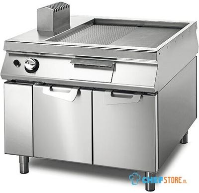 Gas Griddle ½ Smooth ½ Ribbed On Cabinet With Door, Two-Sided Panel Control, Virtus VS110100FTRG 1