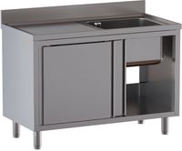 Diamond L1411/AD-SS6 Spoeltafel 1 kuip 600×500×300, afdruipblad links, op kast met 2 schuifdeuren