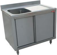 Diamond Spoeltafel 1 Kuip 600x500xh275, Rechts Druipvlak op Kast met 2 Schuifdeuren - L1411D-AS-D