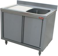 Diamond Spoeltafel 1 Kuip 600x500xh275, Links Druipvlak op Kast met 2 Schuifdeuren - L1411S-AS-D