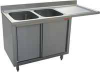 Diamond Spoeltafel met 2 Kuipen 500x500x325 Rechts Druipvlak op Kast met 2 Schuifdeuren en Nis voor Vaatwasser - L1821VD-AS-D