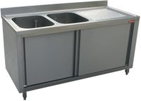 Diamond Spoeltafel 2 Kuipen 600x500xh325, Rechts Druipvlak op Kast met 2 Schuifdeuren - L2021D-AS-D