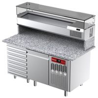 Diamond Geventileerde Koelwerkbank voor Pizza met 1 Deur en 7 Lades en Gekoelde Vitrine 1600x380x410 en Werkblad in Graniet. - TPC-165/PL2