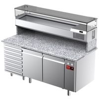 Diamond Geventileerde Koelwerkbank voor Pizza met 2 Deuren en 7 Lades en Gekoelde Vitrine 1800x380x410 en Werkblad in Graniet. - TPC-185/PL5