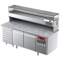Diamond Geventileerde Koelwerkbank voor Pizza met 2 Deuren en 7 Lades en Gekoelde Vitrine 2000x380x410 en Werkblad in Graniet. - TPC-205/PL4