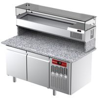 Diamond Geventileerde Koelwerkbank voor Pizza met 2 Deuren en Gekoelde Vitrine 1600x380x410 en Werkblad in Graniet. - TPP-165/PL1