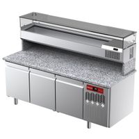Diamond Geventileerde Koelwerkbank voor Pizza met 3 Deuren en Gekoelde Vitrine 2000x380x410 en Werkblad in Graniet. - TPP-205/PL3