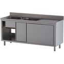 Diamond L1621/AD-SD7 Spoeltafel 2 kuipen 500×500×300, afdruipblad rechts, op kast met 2 schuifdeuren