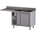 Diamond L1821/VAD-SS5 Spoeltafel met 2 kuipen 500×500×300, afdruipblad links, op kast met 2 schuifdeuren en ruimte voor vaatwasser