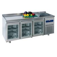 Refrigerated Counter 700 mm With 3 Glass Doors, Sink 35x40x20h cm On the Right and Upstand, -2°/+8°c, Mastro MRGF200/FG