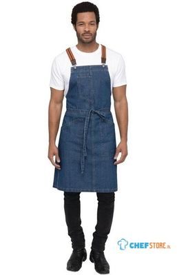 Chef Works Urban Berkeley Denim schort met bretels middenblauw | BB207