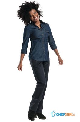 Chaud Devant Blue Denim Stretch Dames Blouse Driekwart Mouw, Chaud Devant B542-XXL