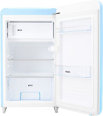 Koelkast | 108 + 13 liter | glas | RVS handgreep, poten + logo | RETRO model | blauw |Frilec | BERLIN168-9A++BLUE 1