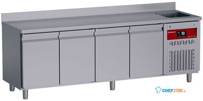 Diamond DT224/P9H-DV Geventileerde koelwerkbank met "achterwand", 4 deuren GN 1/1, 550 Lit. met spoelbak