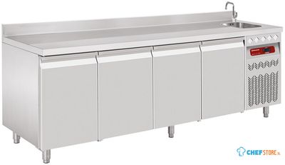 Geventileerde Koelwerkbank "muraal", 4 Deuren GN 1/1,  550 Lit. Met Spoelbak, Diamond DT224/P9A_EV 1