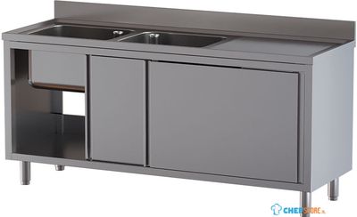 Diamond L1621/AD-SD7 Spoeltafel 2 kuipen 500×500×300, afdruipblad rechts, op kast met 2 schuifdeuren