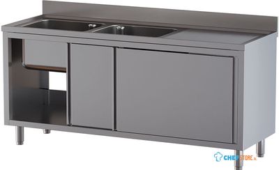 Diamond L1821/AD-SD8 Spoeltafel 2 kuipen 500×500×300, afdruipblad rechts, op kast met 2 schuifdeuren