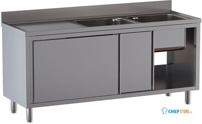 Diamond L1621/AD-SS7 Spoeltafel 2 kuipen 500×500×300, afdruipblad links, op kast met 2 schuifdeuren