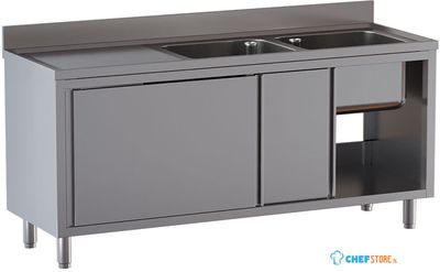 Diamond L1821/AD-SS8 Spoeltafel 2 kuipen 500×500×300, afdruipblad links, op kast met 2 schuifdeuren