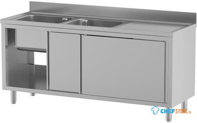 Diamond L1621/AD-SD7 Spoeltafel 2 kuipen 500×500×300, afdruipblad rechts, op kast met 2 schuifdeuren