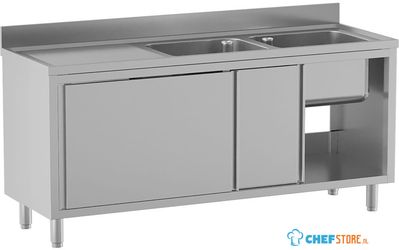 Diamond L1621/AD-SS7 Spoeltafel 2 kuipen 500×500×300, afdruipblad links, op kast met 2 schuifdeuren