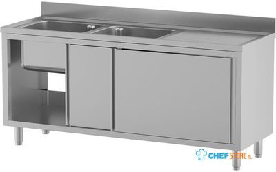 Diamond L1821/AD-SD8 Spoeltafel 2 kuipen 500×500×300, afdruipblad rechts, op kast met 2 schuifdeuren