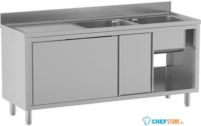 Diamond L1821/AD-SS8 Spoeltafel 2 kuipen 500×500×300, afdruipblad links, op kast met 2 schuifdeuren