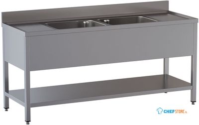 Diamond L2021/D-SX7 Spoeltafel 2 kuipen, 2 afdruipbladen, met onderlegplank