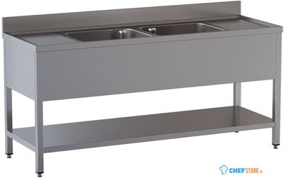 Diamond L2221/D-SX8 Spoeltafel met 2 kuipen en 2 afdruipbladen, met onderlegplank