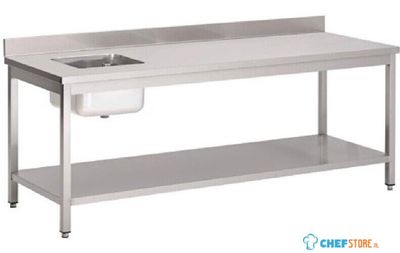Gastro M RVS Werktafel Met Spoelbak Links En Achterwand 180(L) X 70(B) X 85(H)cm - Gastro M O5825