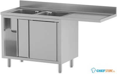 Diamond L1621/VAD-SD4 Spoeltafel met 2 kuipen 400x500x300, rechts druipvlak, op kast met 2 schuifdeuren en ruimte voor vaatwasser