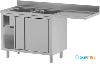 Diamond L1821/VAD-SD5 Spoeltafel met 2 kuipen 500×500×300, afdruipblad rechts, op kast met 2 schuifdeuren en ruimte voor vaatwasser